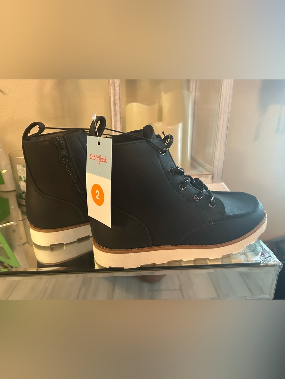 Cat & Jack Black Lace-Up Kids Ankle Boots with Contrast Sole